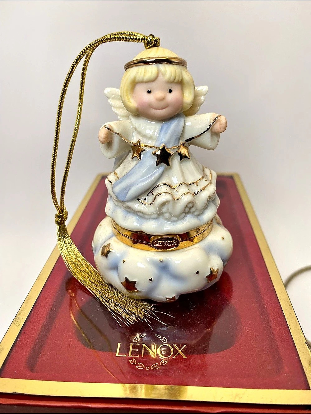 Lenox Vintage Retired Angel on Cloud Trinket Box Ornament White & Blue
